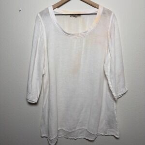 Flax Women 100% Linen Tunic Top Small White Ombre Scoop Neck Coastal‎ 3/4 Sleeve